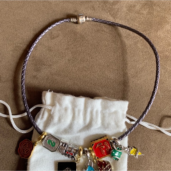 Pandora Purple Leather Bracelet Wrap Around Twice Necklace 9 Harry Potter Charms - Picture 2 of 13
